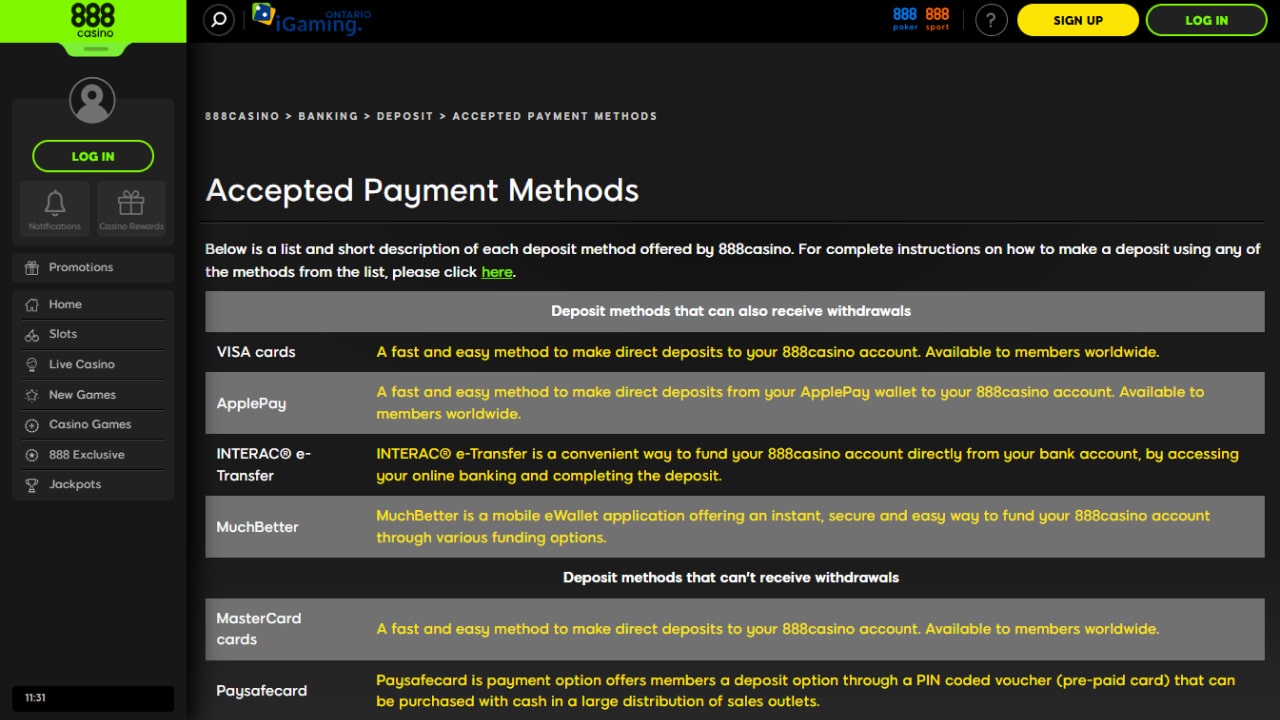 888 Casino payment methods